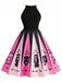 Rosa 1950er Halloween Skeleton Drucken Swing Kleid