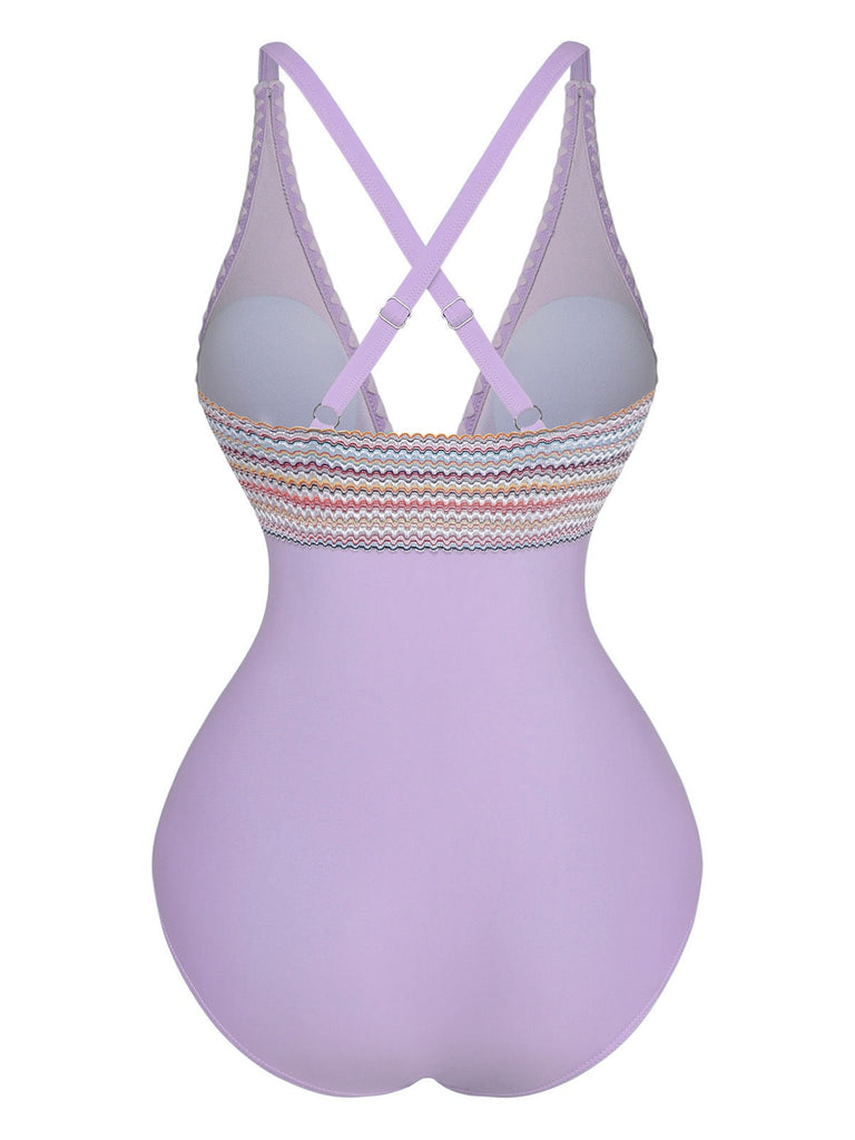 1940er Tiefer V-Ausschnitt Wellig Patchwork Einteiliger Badeanzug