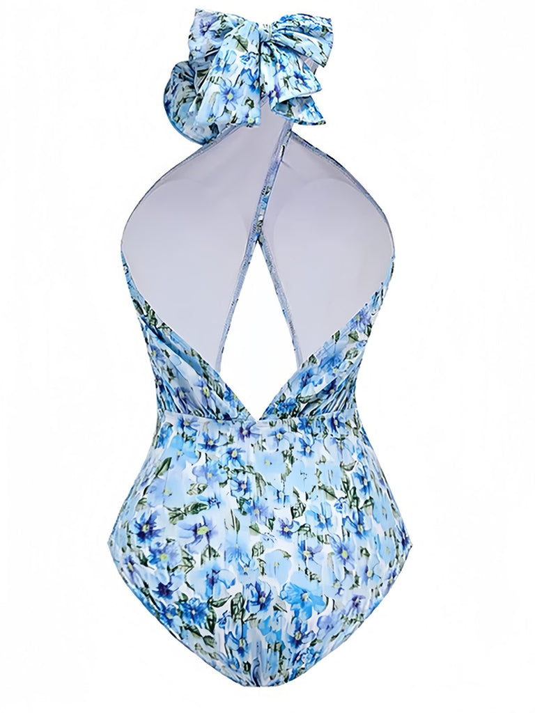 Blau 1930er Halter Blumen 3D-Rose Badeanzug