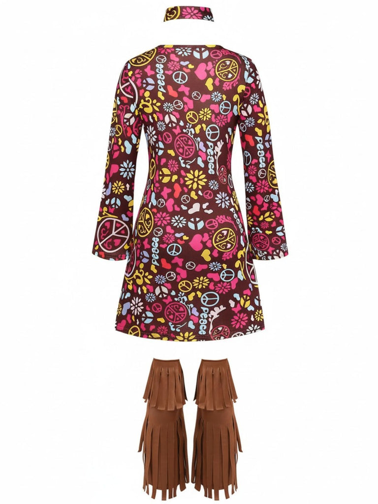 3PCS Braun 1970er Fransen Hippie Kostüm Set