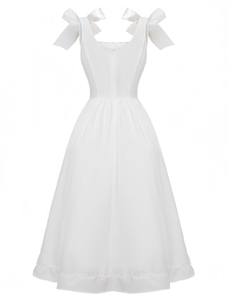 Weiß 1940er Solide Schnürung Knopf Kleid