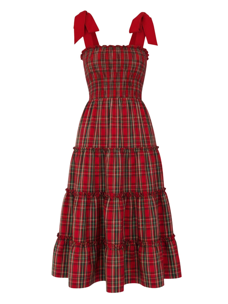 Rot 1940er Weihnachten Plaid Schnürung Kleid