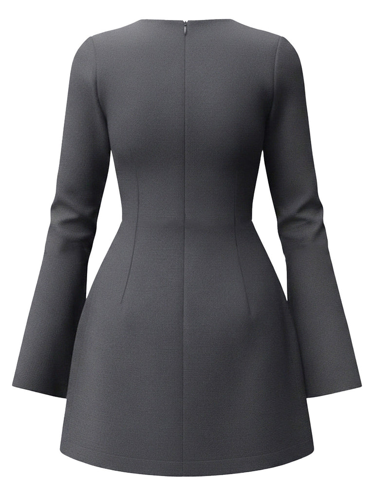 1960er Solide Langarm Faux Taschen Kleid