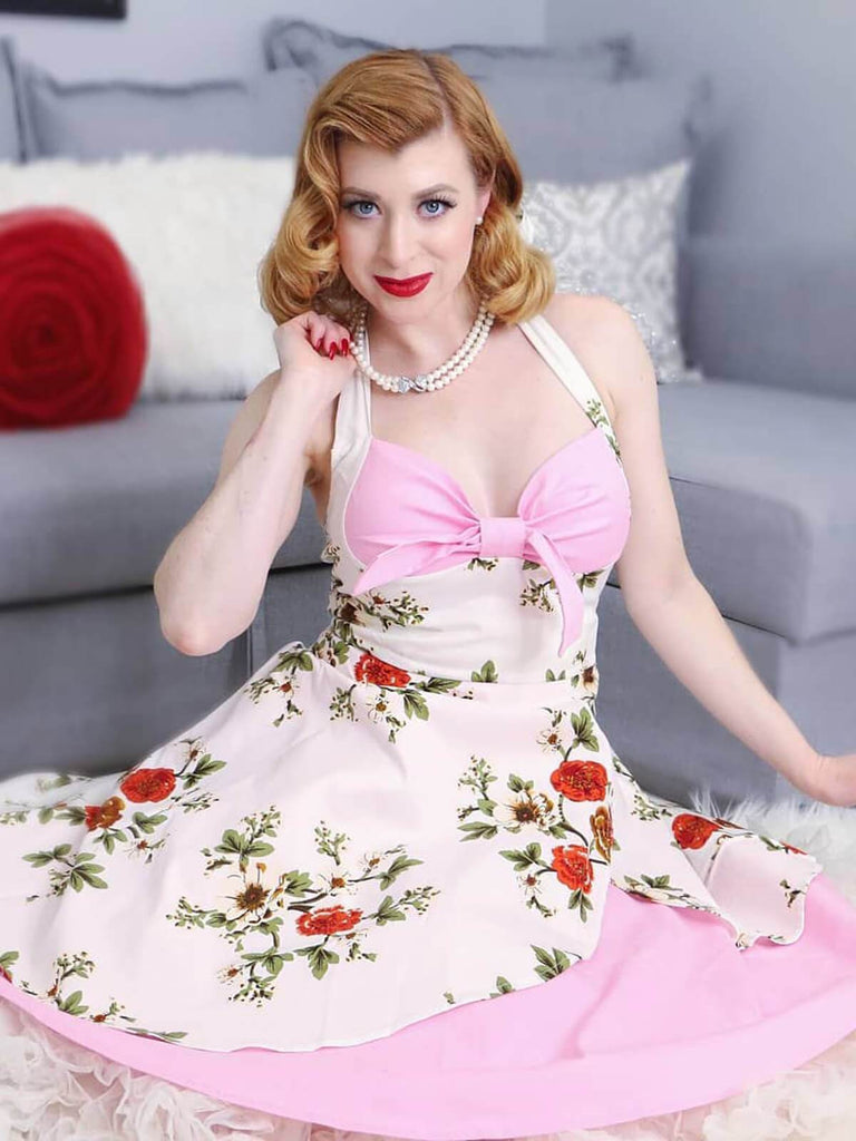 Rosa 1950er Halter Blumen Swing Kleid