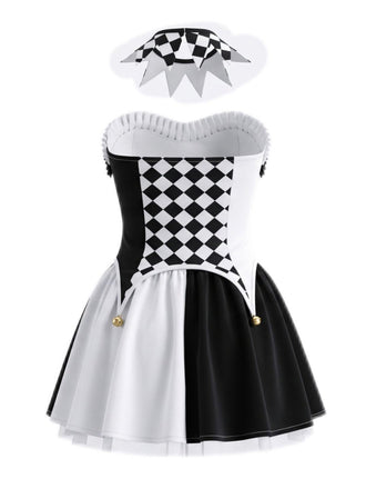 Schwarz-weißes 80er Harlekin-Korsettkleid