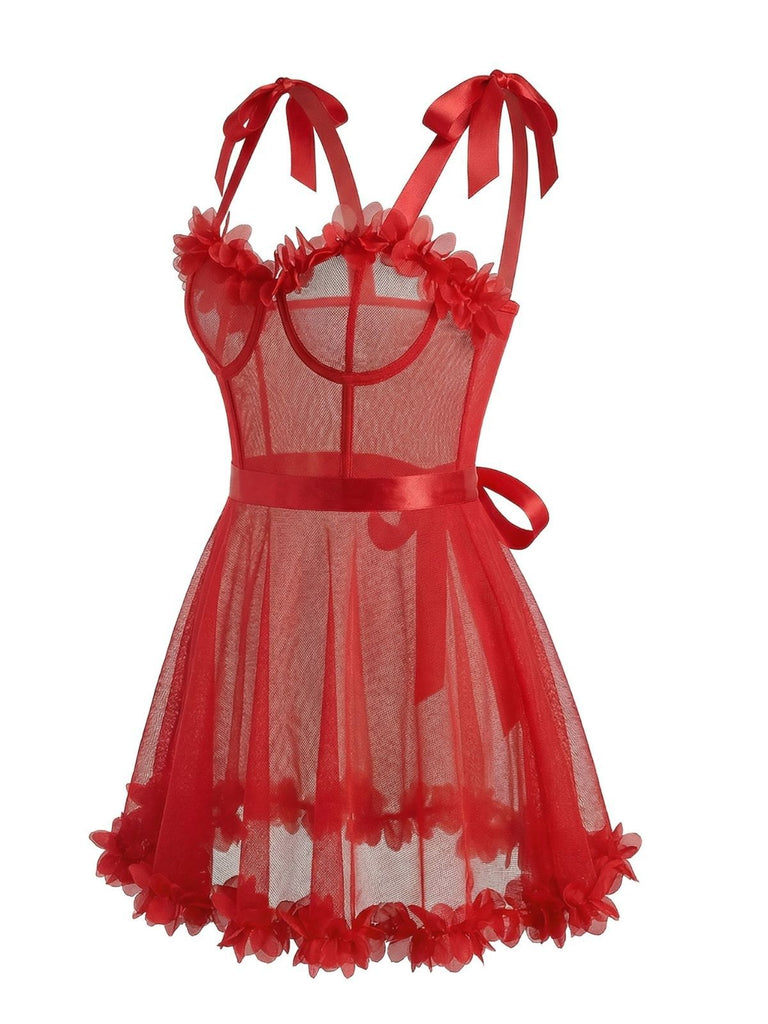 Rot 1960er Solide 3D Blumen Schnürung Nachtwäsche