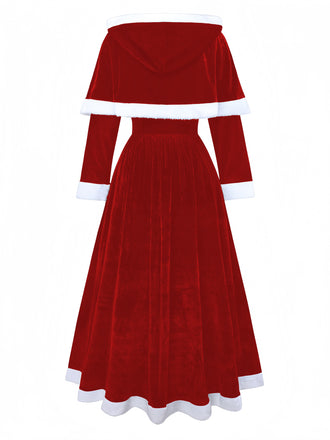 Rot 1930er Frau Weihnachtsmann Samt Kleid mit Kap