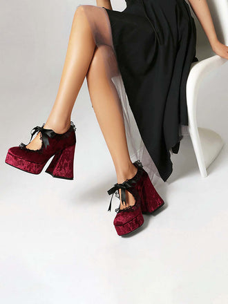 Punk Samt Spitze Bogen Klobige Absätze