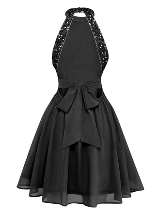 Schwarzes 1950er Solide Perlen Pailletten Ärmellos Patchwork Kleid