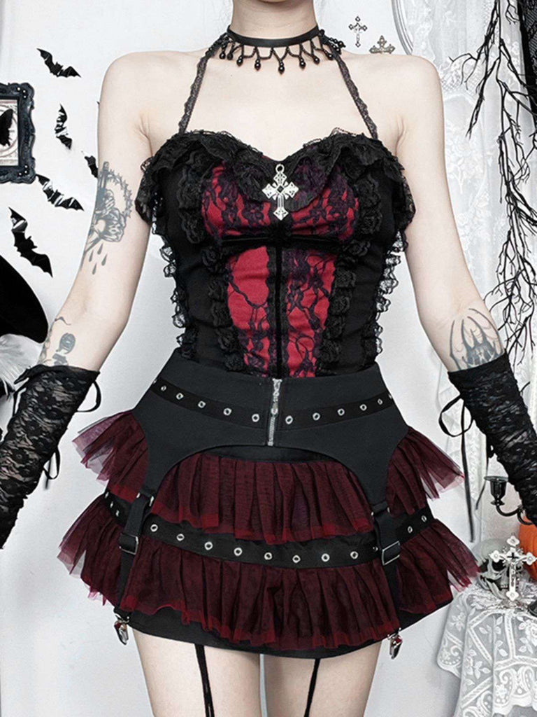 2PCS Schwarz 1980er Gothic Steampunk Halter Kreuz Camisole & Mini Rock