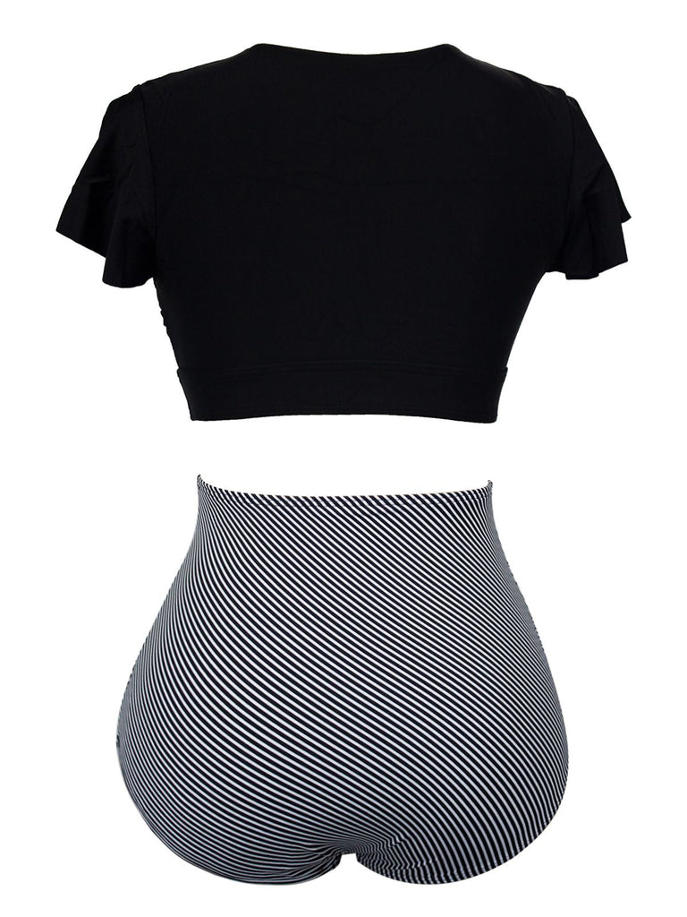 [Übergröße] 1950er Rüschenärmel Schnürung Patchwork Badeanzug