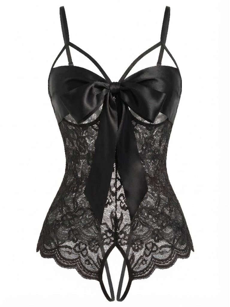 Rot 1970er Spitze Satin Bogen Verstellbar Träger Dessous