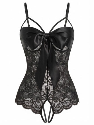 [Vorverkauf] Schwarz 1970er Spitze Satin Bogen Verstellbar Träger Dessous