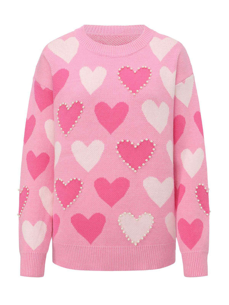 Rosa 1950er Valentinstag Herz Perle Pullover