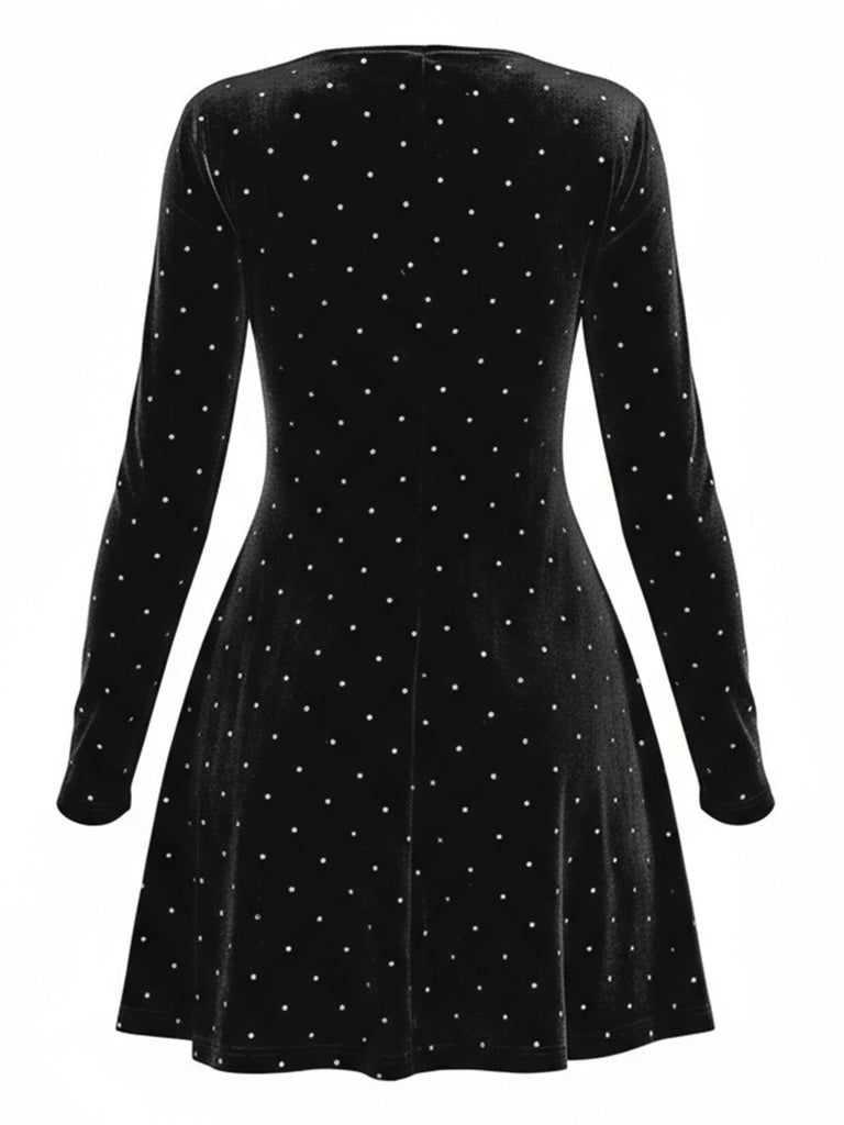 Dunkelgrün 1980er Samt Strassstein Tailliert Party Kleid