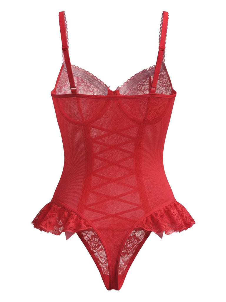 [Vorverkauf] Rot 1960er Spitze Bogen Korsett Unterwäsche mit Strumpf