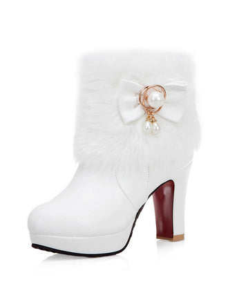 Weißes Spitz Zulaufende High Heels Pelzschleife
