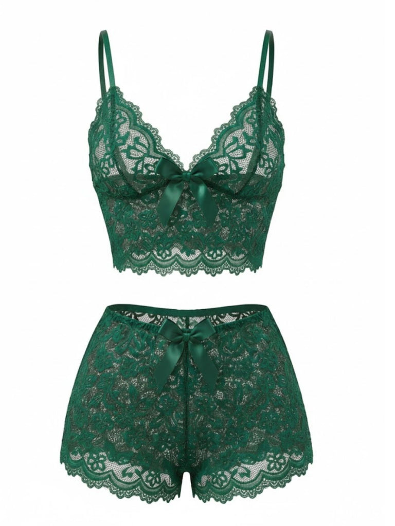 1960er Spaghetti Träger Spitze Blumen Bogen Pyjama Set