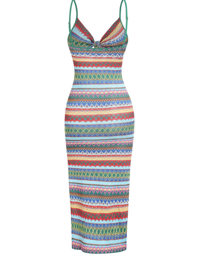 1970er Träger Bunt Streifen Binden Boho Kleid