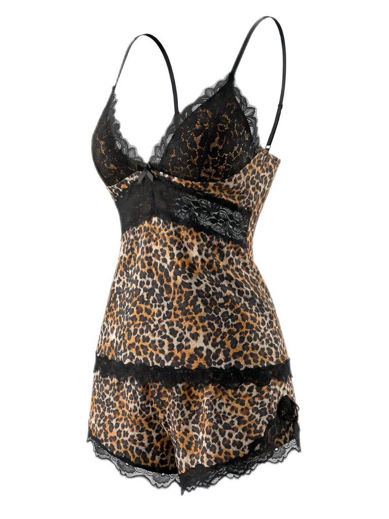 Braun 1970er Leopard Spitze Spaghetti Träger Pajama Set