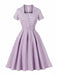 Lila 1950er Kariert Quadratischer Hals Knopf Swing Kleid