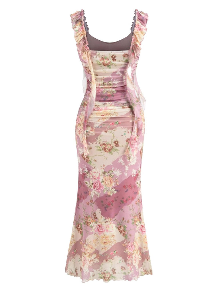 [Vorverkauf] Rosa 1960er Blumen Rüschen Detail Maxi Kleid