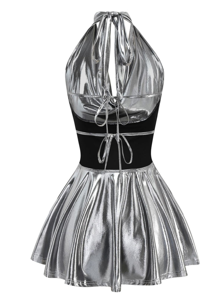 1970er Metallic V-Ausschnitt Plissiertes Mini Dress