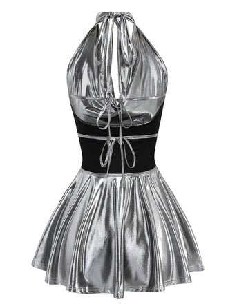 1970er Metallic V-Ausschnitt Plissiertes Mini Dress