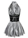 1970er Metallic V-Ausschnitt Plissiertes Mini Dress
