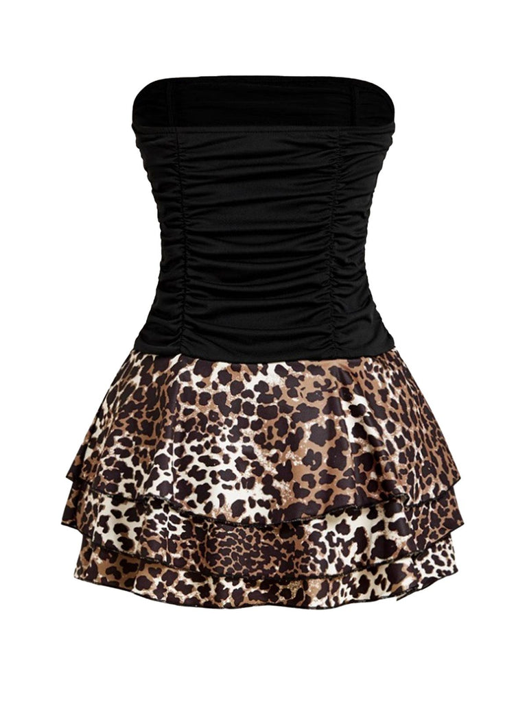 Schwarz 1980er Wickel Leopard Rüschen Binde Mini Kleid