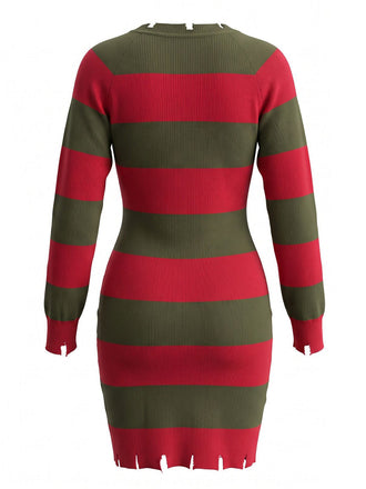 Rot-grünes 70er Freddy-Krueger Strickkleid mit Streifen