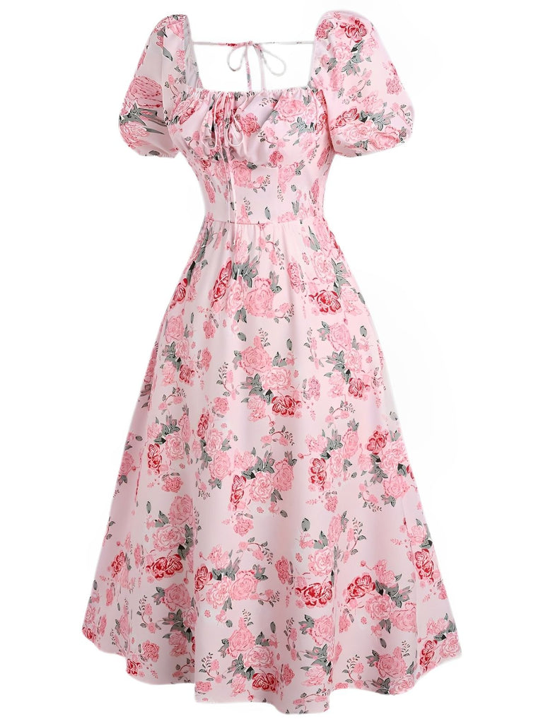 [Übergröße] Rosa 1950er Quadratischer Hals Blumen Kleid