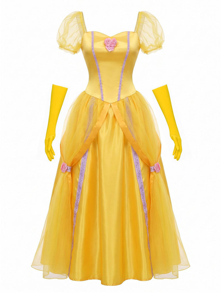 Gelbes 70er Prinzessinnen-Cosplaykleid mit Puffärmeln und Rosen-Detail