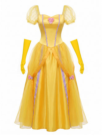 Gelbes 70er Prinzessinnen-Cosplaykleid mit Puffärmeln und Rosen-Detail