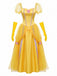 Gelbes 70er Prinzessinnen-Cosplaykleid mit Puffärmeln und Rosen-Detail