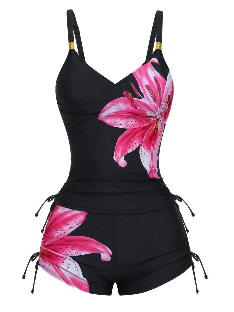 [Vorverkauf] Himmelblau 1950er Blumen Schnürung Tankini Set
