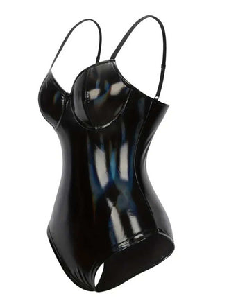 Schwarz 1980er Spaghetti Träger Leder Bodysuit
