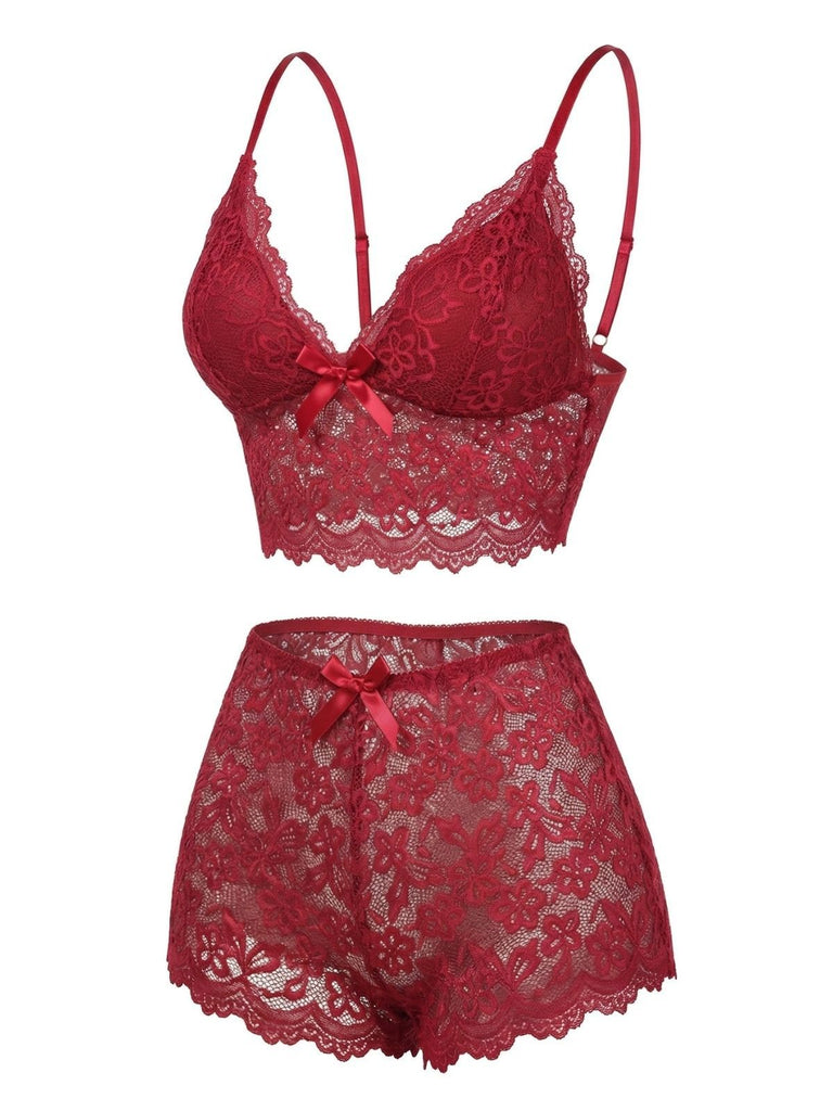 1960er Spaghetti Träger Spitze Blumen Bogen Pyjama Set