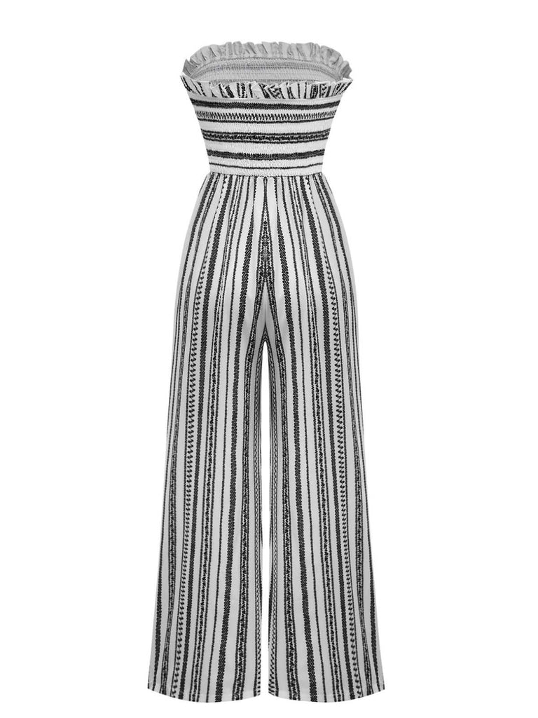 1970er Trägerlos Boho Streifen Weites Bein Jumpsuit