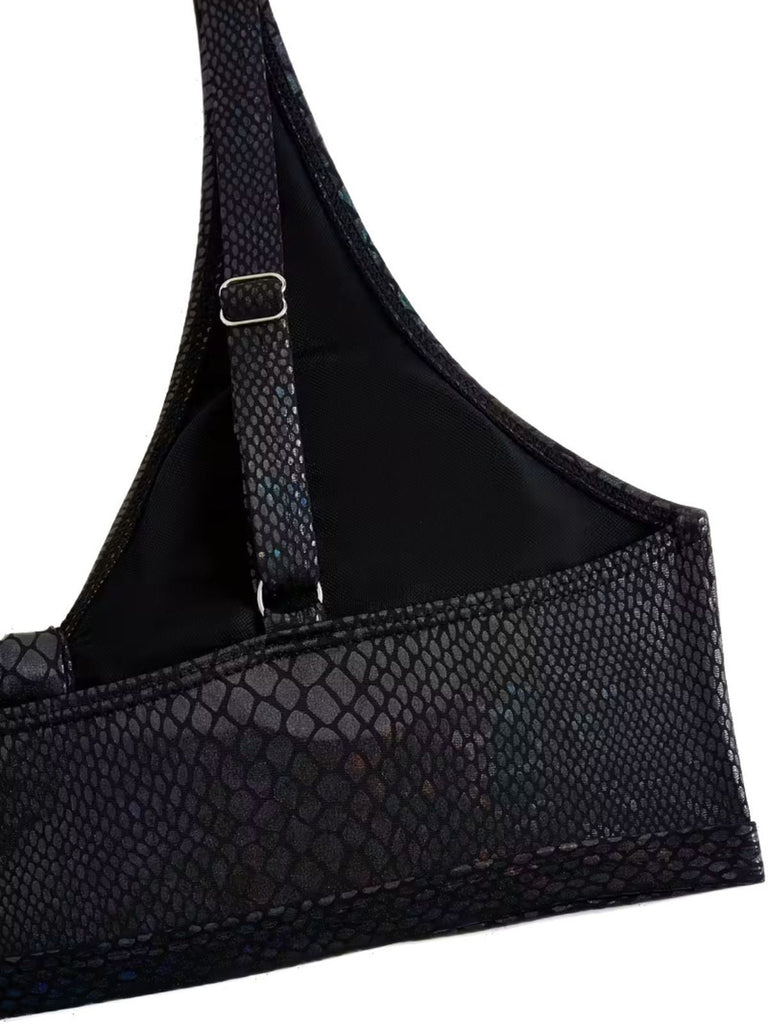 1970er Schlangenhaut Metallisch Front-Bindung Bikini Set