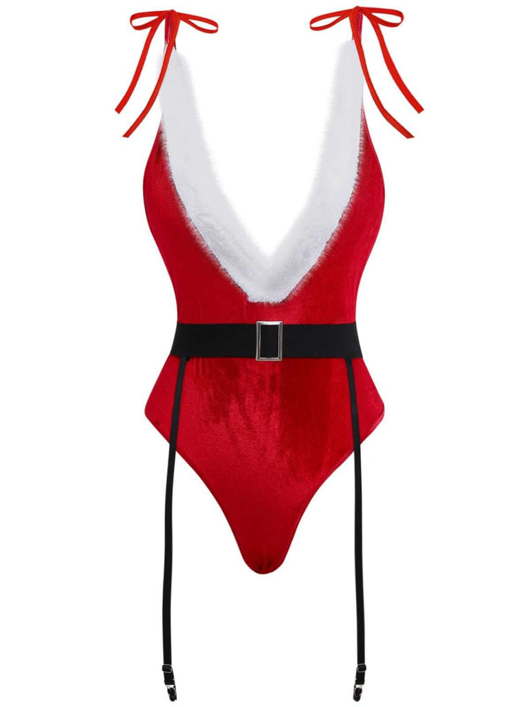 Rot 1970er Tief-V Weihnachten Plüsch Bodysuit Mit Hut