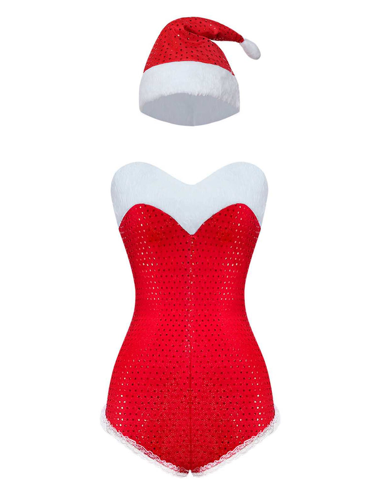 1980er Pailletten Weihnachten Trägerlos Romper Mit Hut & Stulpen