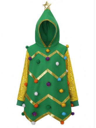 1950er Weihnachtsbaum Hoodie mit Bunt Pompons