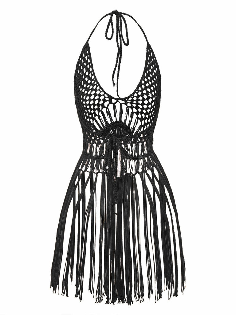 1960er Häkeln Fransen Cutout Halter Bikini Cover-Up