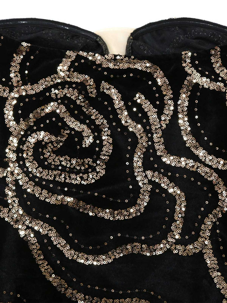 Schwarz 1980er Trägerlos Pailletten Bodycon Kleid