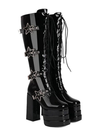 Glänzend schwarzes Stern Taste Gothic Platform High Heels Stiefel