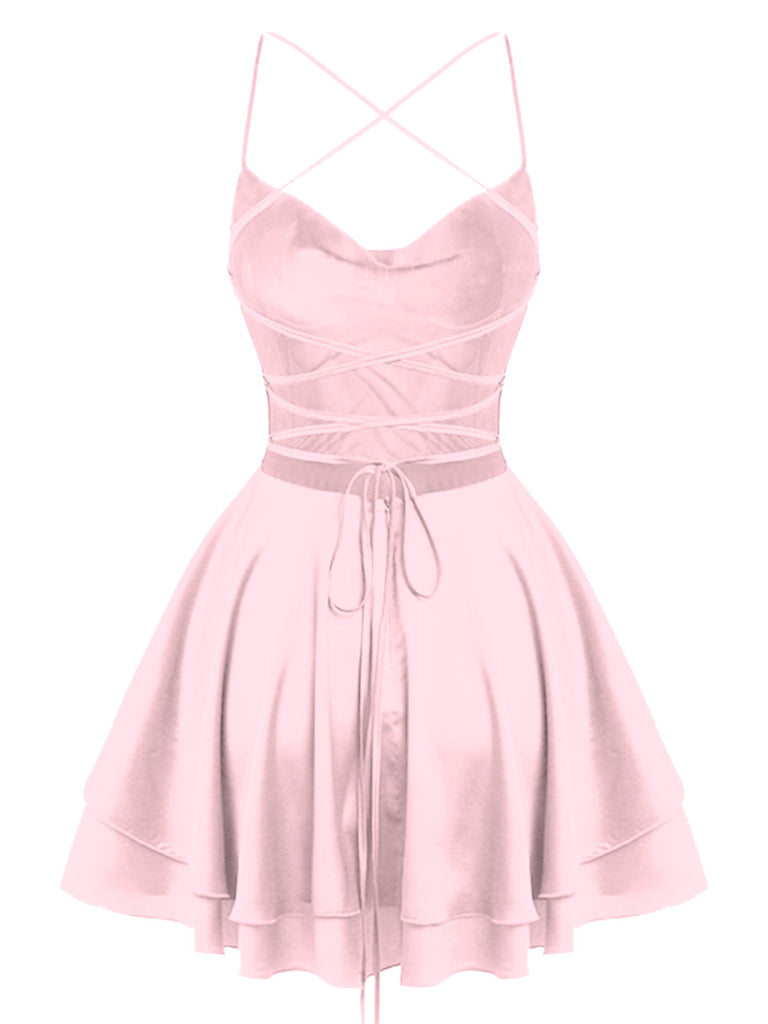 1960er Solide Satin Zurück Schnürung Mini Kleid