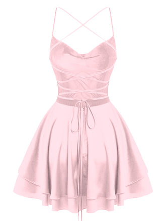 1960er Solide Satin Zurück Schnürung Mini Kleid