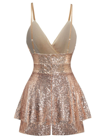 Beige 1960er Pailletten Riemchen V-Ausschnitt Culotte Romper