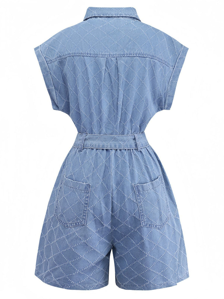 Blau 1980er Denim Durchgeknöpft Utility Romper